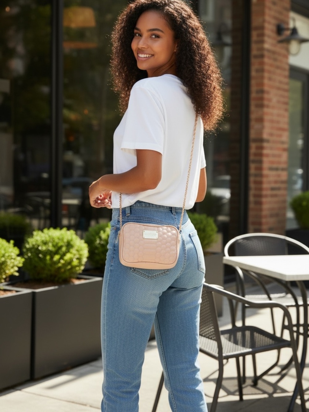 bebe Sophia Quilted Crossbody in Blush Pink with Gold Chain
